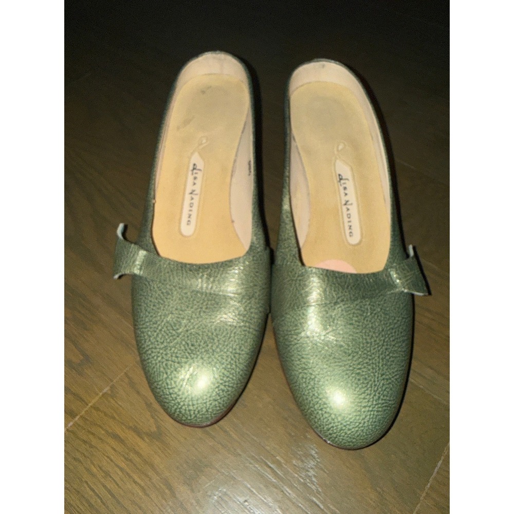 Lisa Nading Green Metallic Textured Leather Kitten Heel Bow Pumps Size 38.5
